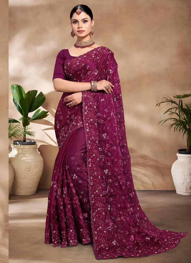 Jimmy Choo Silk Wine Wedding Wear Embroidery Work Saree